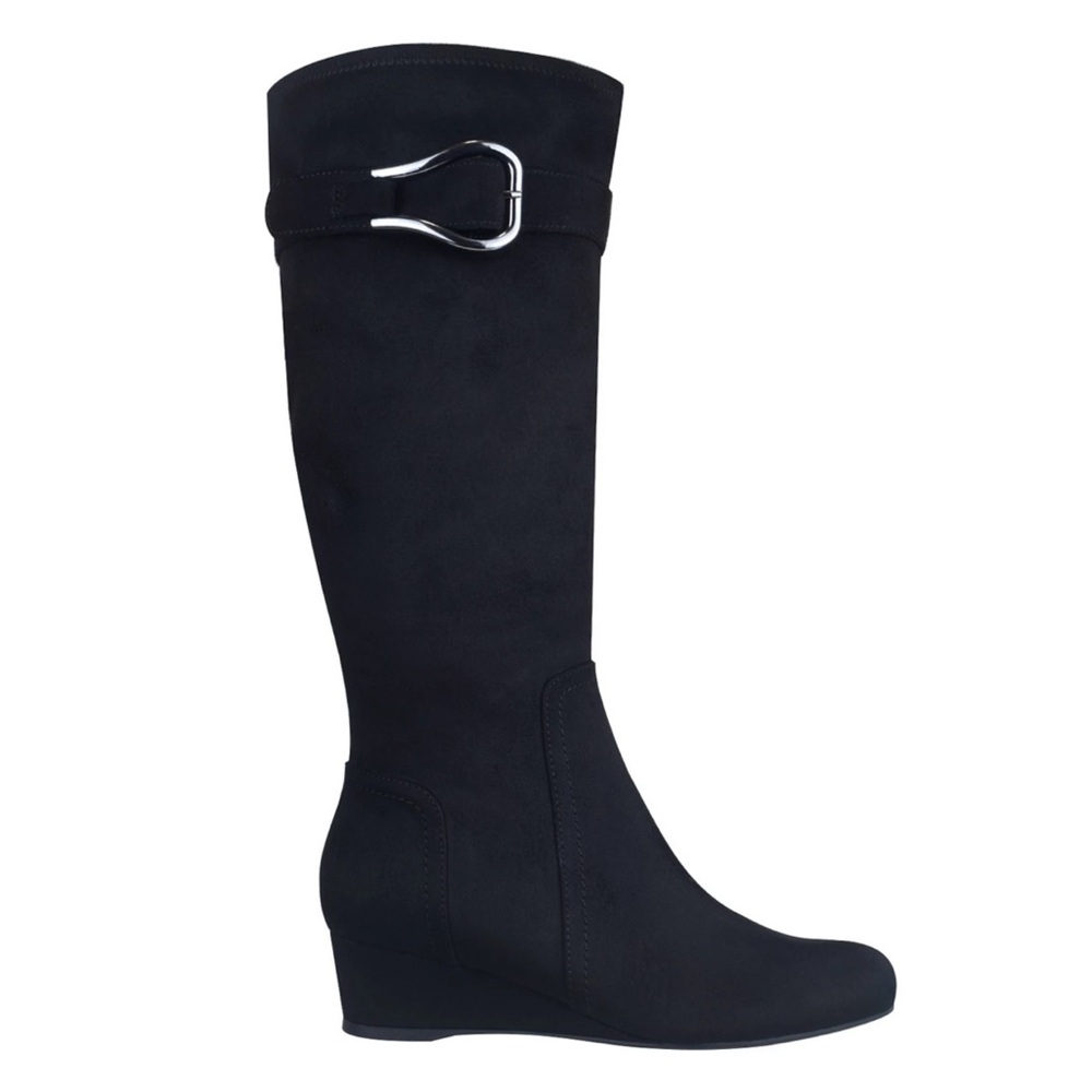 Impo Gelsey Black Suede Women's Wedge Heel Knee High Boots New 9.5W Wide Calf